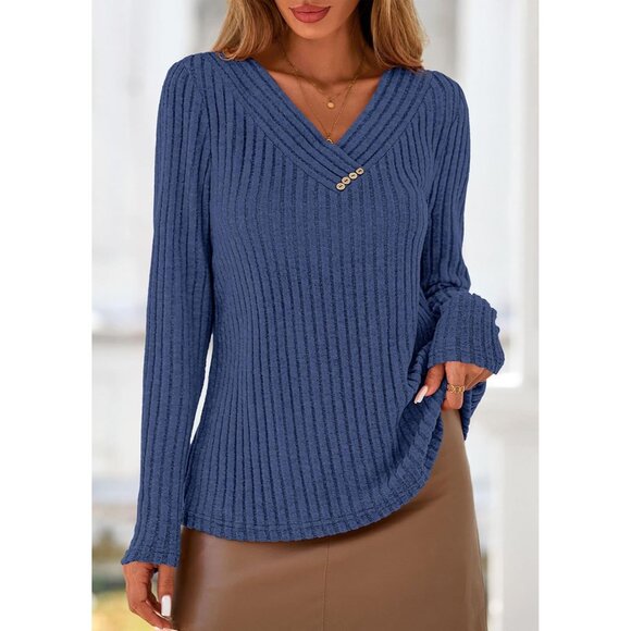 Women's Long Sleeve Ribbed V Neck Tunic Top Lightweight Fall Casual Blouse - Picture 4 of 8